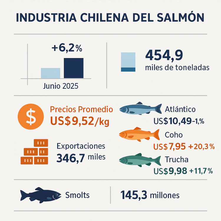 Salmonicultura cierra el primer semestre con alza en el volumen cosechado y un precio promedio de US$9,52 por kg