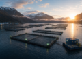 Vista aérea de un centro de cultivo de salmones de alta tecnología en el sur de Chile, representando la modernización técnica y los desafíos de la Megarreforma.
