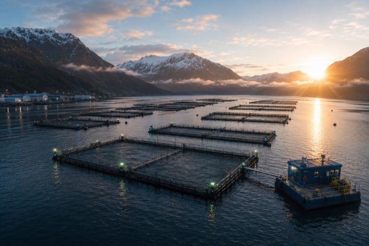 Vista aérea de un centro de cultivo de salmones de alta tecnología en el sur de Chile, representando la modernización técnica y los desafíos de la Megarreforma.