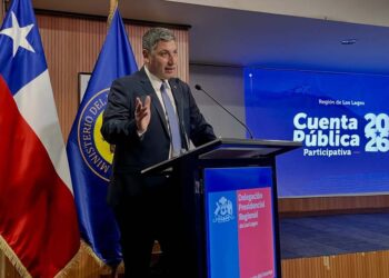 Delegado Presidencial Regional de Los Lagos Cristian Palma Valdés durante la Cuenta Pública 2025-2026 en Puerto Montt.