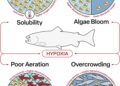 Fig. 2. Factores que provocan la hipoxia y sus consecuencias en la acuicultura del salmón del Atlántico. Créditos: Estudio.