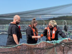 Trabajadores preparan un sensor ambiental aquaMeasure en un centro de cultivo.