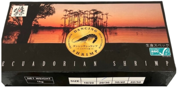 Camarones blancos ecuatorianos congelados rápidamente con cabeza grado sashimi bajo la marca Dancing Shrimp.