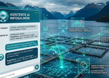Interfaz de chat interactiva sobre un centro de cultivo, representando la aplicación de la inteligencia artificial en la salmonicultura mediante visión computacional y modelos predictivos.