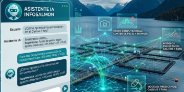 Interfaz de chat interactiva sobre un centro de cultivo, representando la aplicación de la inteligencia artificial en la salmonicultura mediante visión computacional y modelos predictivos.