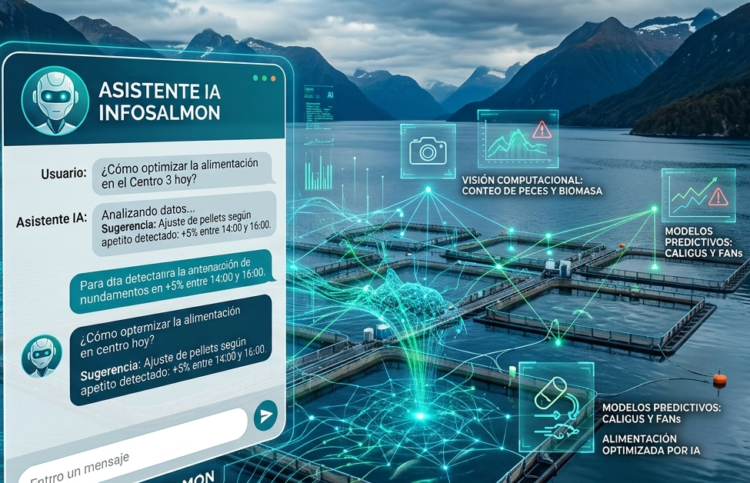 Interfaz de chat interactiva sobre un centro de cultivo, representando la aplicación de la inteligencia artificial en la salmonicultura mediante visión computacional y modelos predictivos.