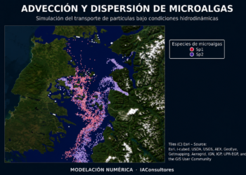 La modelación predictiva FAN permite proyectar hasta cinco días el desplazamiento de microalgas y anticipar riesgos para centros de cultivo de salmonicultura. Imagen: IAC
