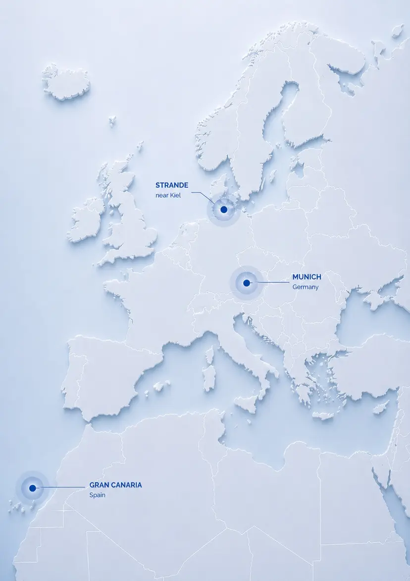 Mapamundi que muestra las ubicaciones clave de Oceanloop: Múnich y Kiel (Alemania), Gran Canaria y Arinaga (España), y otros centros de operación global.
