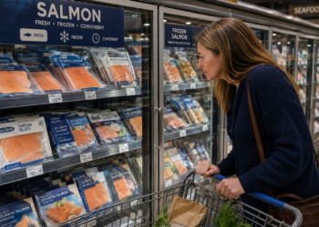 El salmón volvió a destacar entre las principales categorías de productos del mar en el retail estadounidense durante el segundo trimestre. Imagen: generada por IA.