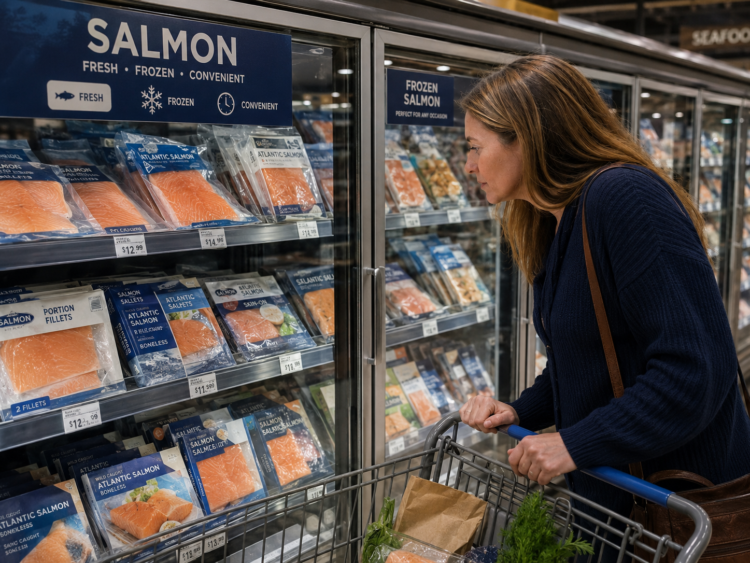 El salmón volvió a destacar entre las principales categorías de productos del mar en el retail estadounidense durante el segundo trimestre. Imagen: generada por IA.