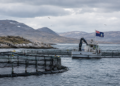 Centro de cultivo de salmones en aguas australes con una bandera de las Islas Malvinas.