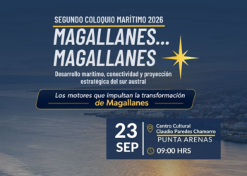 Afiche oficial del Segundo Coloquio Marítimo 2026 Magallanes con nómina de expositores y buque mercante.