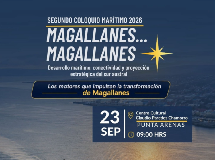 Afiche oficial del Segundo Coloquio Marítimo 2026 Magallanes con nómina de expositores y buque mercante.