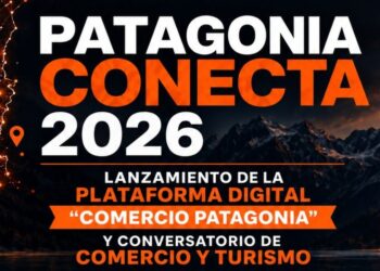 Afiche oficial del encuentro Patagonia Conecta 2026 con detalles del lanzamiento de la plataforma Comercio Patagonia en Puerto Aysén.