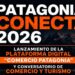 Afiche oficial del encuentro Patagonia Conecta 2026 con detalles del lanzamiento de la plataforma Comercio Patagonia en Puerto Aysén.