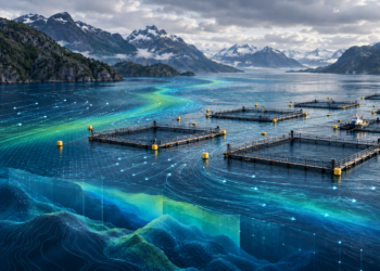 Imagen referencial: Modelación oceanográfica aplicada a centros de cultivo de salmónidos, representando corrientes, dispersión y dinámica hidrodinámica en fiordos del sur de Chile.