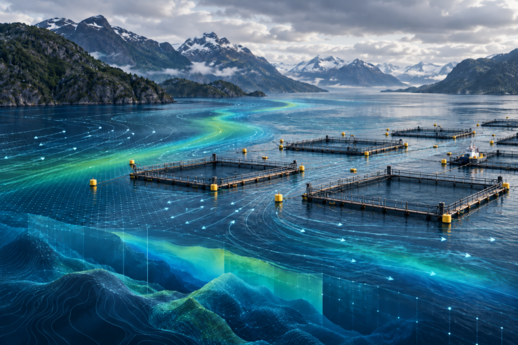Imagen referencial: Modelación oceanográfica aplicada a centros de cultivo de salmónidos, representando corrientes, dispersión y dinámica hidrodinámica en fiordos del sur de Chile.