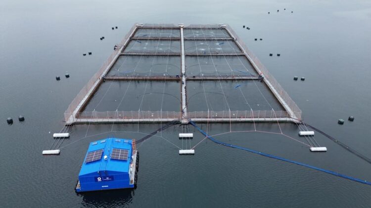 Plataforma OXYMAR de OXZO junto a un centro de cultivo de salmones en el mar