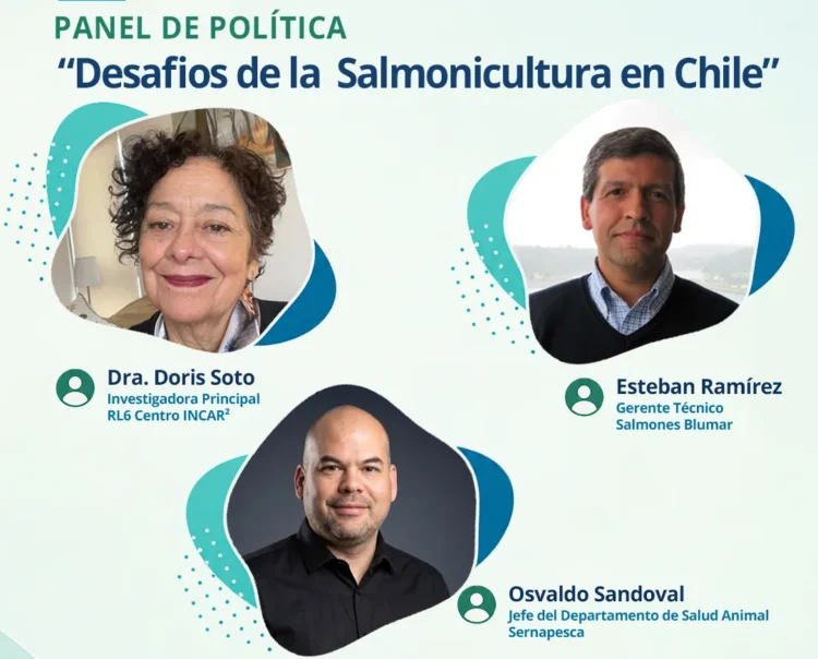 Afiche del panel sobre salmonicultura con Doris Soto, Esteban Ramírez y Osvaldo Sandoval.