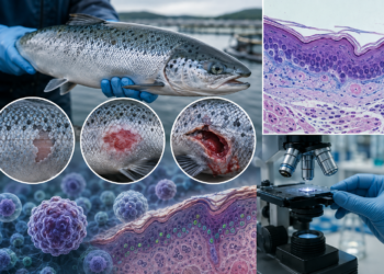 Salmón del Atlántico y cortes histológicos de piel del estudio sobre heridas en salmones