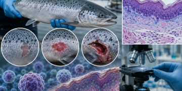 Salmón del Atlántico y cortes histológicos de piel del estudio sobre heridas en salmones