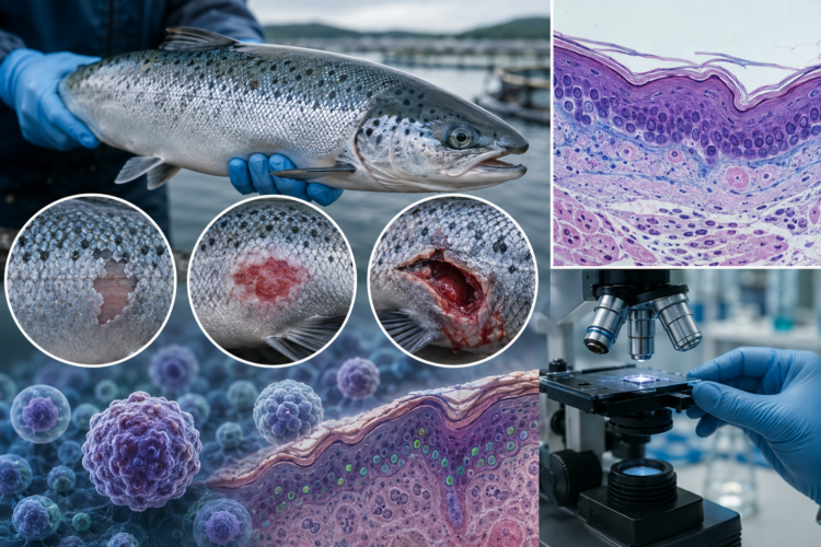 Salmón del Atlántico y cortes histológicos de piel del estudio sobre heridas en salmones