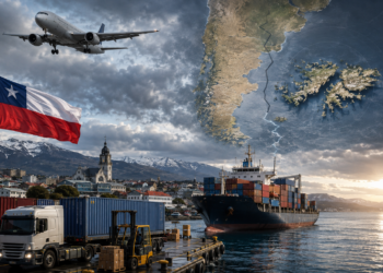 Ilustración generada con IA: avión, puerto con contenedores y barco, bandera de Chile y mapa de Argentina con las Islas Malvinas