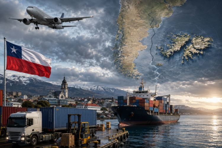 Ilustración generada con IA: avión, puerto con contenedores y barco, bandera de Chile y mapa de Argentina con las Islas Malvinas