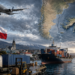 Ilustración generada con IA: avión, puerto con contenedores y barco, bandera de Chile y mapa de Argentina con las Islas Malvinas
