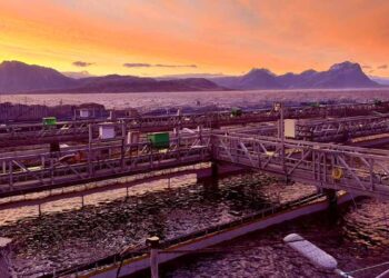 Canales de cultivo de Gigante Salmon en Rødøy, Noruega, con el mar y montañas al fondo.
