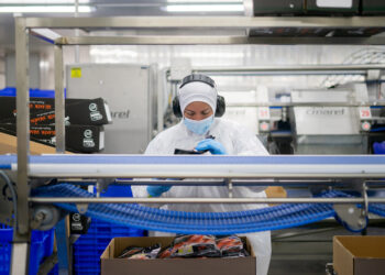 Trabajadora empaca productos de salmón en la planta de Camanchaca en Tomé.