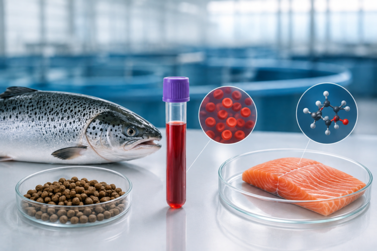 Imagen referencial de salmón Atlántico y análisis de geosmina en sistemas RAS