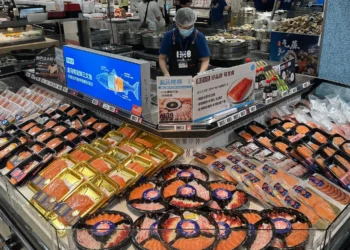 Bandejas de salmón en una vitrina refrigerada de un punto de venta.