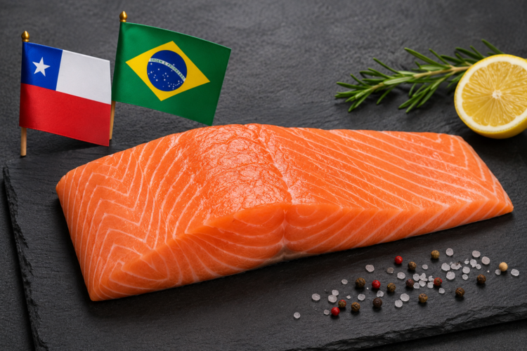 Imagen referencial del mercado de salmón entre Chile y Brasil, generada con IA