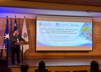 Investigador Diego Reyes de la UACh presenta estudio sobre quitosano de crustáceos y almacenamiento de energía.