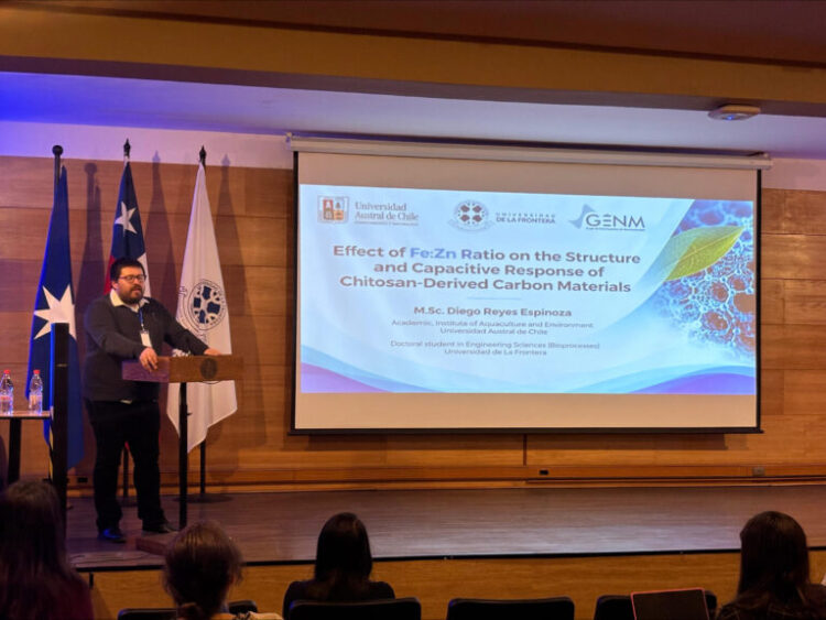 Investigador Diego Reyes de la UACh presenta estudio sobre quitosano de crustáceos y almacenamiento de energía.